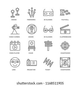 Set Of 16 simple line icons such as Countdown, Ticket, Projector, Lens, Award, Video camera, player, 3d glasses, editable stroke icon pack, pixel perfect