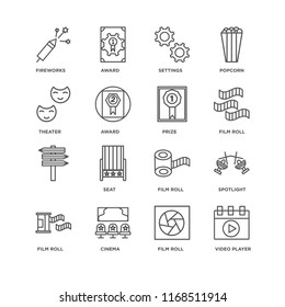 Set Of 16 simple line icons such as Video player, Film roll, Cinema, Spotlight, Fireworks, Theater, , Prize, editable stroke icon pack, pixel perfect