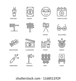 Set Of 16 simple line icons such as Chair, Seat, Speaker, Fireworks, Target, Popcorn, , Megaphone, Tripod, editable stroke icon pack, pixel perfect