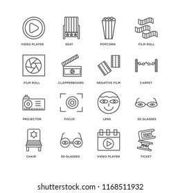 Set Of 16 simple line icons such as Ticket, Video player, 3d glasses, Chair, Film roll, Projector, Negative film, editable stroke icon pack, pixel perfect