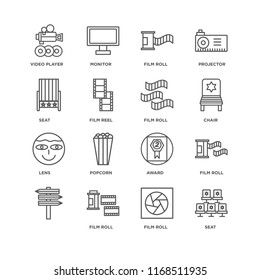Set Of 16 simple line icons such as Seat, Film roll, , Video player, Lens, editable stroke icon pack, pixel perfect
