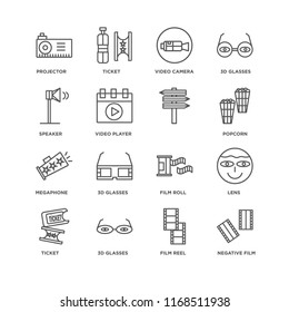 Set Of 16 simple line icons such as Negative film, Film reel, 3d glasses, Ticket, Lens, Projector, Speaker, Megaphone, , editable stroke icon pack, pixel perfect