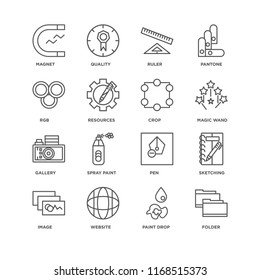Set Of 16 simple line icons such as Folder, Paint drop, Website, Image, Sketching, Magnet, Rgb, Gallery, Crop, editable stroke icon pack, pixel perfect