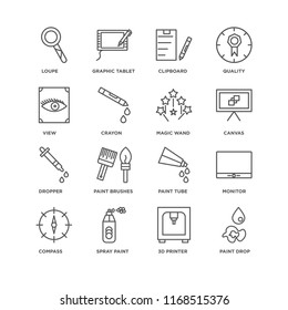 Set Of 16 simple line icons such as Paint drop, 3d printer, Spray paint, Compass, Monitor, Loupe, View, Dropper, Magic wand, editable stroke icon pack, pixel perfect