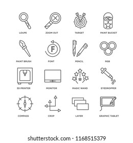 Set Of 16 simple line icons such as Graphic tablet, Layer, Crop, Compass, Eyedropper, Loupe, Paint brush, 3d printer, Pencil, editable stroke icon pack, pixel perfect