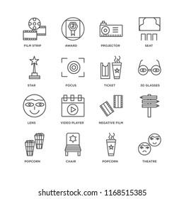 Set Of 16 simple line icons such as Theatre, Popcorn, Chair, , Film strip, Star, Lens, Ticket, editable stroke icon pack, pixel perfect