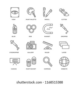 Set Of 16 simple line icons such as Website, Compass, Paint bucket, Canvas, Layer, View, Blur, Eyedropper, Magnet, editable stroke icon pack, pixel perfect
