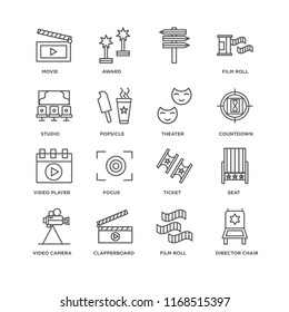 Set Of 16 simple line icons such as Director chair, Film roll, Clapperboard, Video camera, Seat, Movie, Studio, player, Theater, editable stroke icon pack, pixel perfect