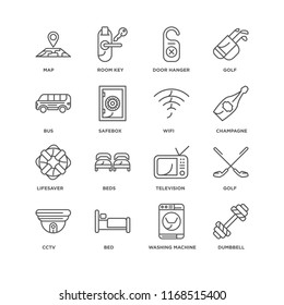 Set Of 16 simple line icons such as Dumbbell, Washing machine, Bed, Cctv, Golf, Map, Bus, Lifesaver, Wifi, editable stroke icon pack, pixel perfect