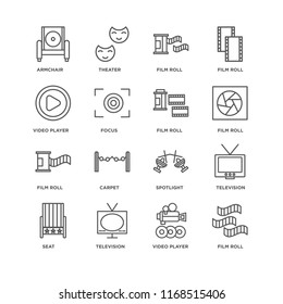 Set Of 16 simple line icons such as Film roll, Video player, Television, Seat, Armchair, editable stroke icon pack, pixel perfect
