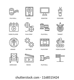 Set Of 16 simple line icons such as, Film roll, Movie, Armchair, Video player, Award, editable stroke icon pack, pixel perfect