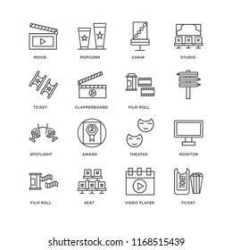 Set Of 16 simple line icons such as Ticket, Video player, Seat, Film roll, Monitor, Movie, Spotlight, editable stroke icon pack, pixel perfect