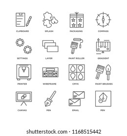 Set Of 16 simple line icons such as Pen, Email, Canvas, Paint brushes, Clipboard, Settings, Printer, roller, editable stroke icon pack, pixel perfect