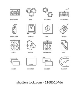 Set Of 16 simple line icons such as Magnet, Folder, Monitor, Layer, File, Wireframe, Paint tube, Cmyk, Pen, editable stroke icon pack, pixel perfect