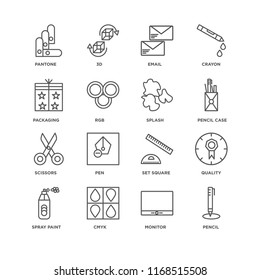 Set Of 16 simple line icons such as Pencil, Monitor, Cmyk, Spray paint, Quality, Pantone, Packaging, Scissors, Splash, editable stroke icon pack, pixel perfect