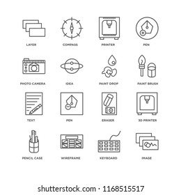 Set Of 16 simple line icons such as Image, Keyboard, Wireframe, Pencil case, 3d printer, Layer, Photo camera, Text, Paint drop, editable stroke icon pack, pixel perfect
