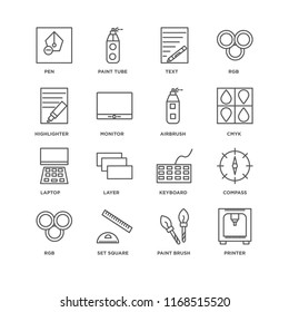 Set Of 16 simple line icons such as Printer, Paint brush, square, Rgb, Compass, Pen, Highlighter, Laptop, Airbrush, editable stroke icon pack, pixel perfect