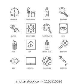 Set Of 16 simple line icons such as Dropper, Resources, Monitor, Idea, Zoom out, Compass, Cutter, Blur, Paint palette, editable stroke icon pack, pixel perfect