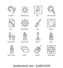 Set Of 16 simple line icons such as Brightness, Mouse, Layer, Pencil case, Blur, Colours, File, Paint brush, Pen, editable stroke icon pack, pixel perfect