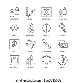Set Of 16 simple line icons such as Quality, Crop, Pantone, 3d printer, Image, Paint bucket, Idea, Pen, Compass, editable stroke icon pack, pixel perfect
