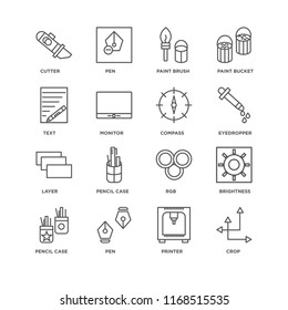 Set Of 16 simple line icons such as Crop, Printer, Pen, Pencil case, Brightness, Cutter, Text, Layer, Compass, editable stroke icon pack, pixel perfect