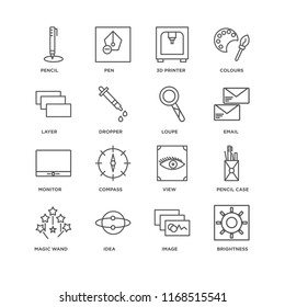 Set Of 16 simple line icons such as Brightness, Image, Idea, Magic wand, Pencil case, Pencil, Layer, Monitor, Loupe, editable stroke icon pack, pixel perfect