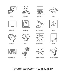 Set Of 16 simple line icons such as Paint brush, Compact disc, 3d, Wireframe, Text, Email, Monitor, Colours, square, editable stroke icon pack, pixel perfect