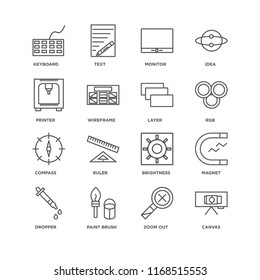 Set Of 16 simple line icons such as Canvas, Zoom out, Paint brush, Dropper, Magnet, Keyboard, Printer, Compass, Layer, editable stroke icon pack, pixel perfect