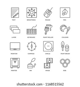 Set Of 16 simple line icons such as Rgb, Image, Ink, Printer, Paint brush, Text, Layer, Monitor, roller, editable stroke icon pack, pixel perfect Set Of 16 simple line icons such as Rgb, Image, Ink, Printer, Paint brush, Text, Layer, Monitor, roller, editable stroke icon pack, pixel perfect