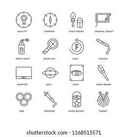Set Of 16 simple line icons such as Target, Paint bucket, Dropper, Rgb, brush, Quality, Spray paint, Monitor, Font, editable stroke icon pack, pixel perfect