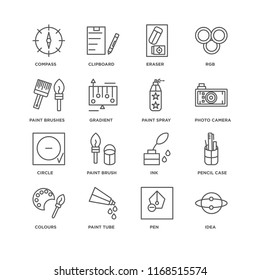 Set Of 16 simple line icons such as Idea, Pen, Paint tube, Colours, Pencil case, Compass, brushes, Circle, spray, editable stroke icon pack, pixel perfect