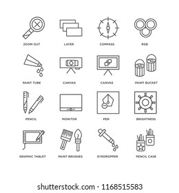 Set Of 16 simple line icons such as Pencil case, Eyedropper, Paint brushes, Graphic tablet, Brightness, Zoom out, tube, Pencil, Canvas, editable stroke icon pack, pixel perfect