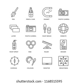 Set Of 16 simple line icons such as Brightness, Monitor, Colours, Compass, Eraser, Pen, Layer, Paint spray, brush, editable stroke icon pack, pixel perfect