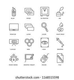 Set Of 16 simple line icons such as File, Mouse, Graphic tablet, Magic wand, Dropper, Blur, Monitor, Canvas, Loupe, editable stroke icon pack, pixel perfect