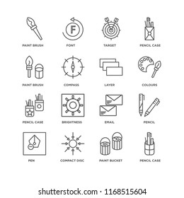Set Of 16 simple line icons such as Pencil case, Paint bucket, Compact disc, Pen, Pencil, brush, Layer, editable stroke icon pack, pixel perfect