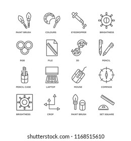 Set Of 16 simple line icons such as square, Paint brush, Crop, Brightness, Compass, Rgb, Pencil case, 3d, editable stroke icon pack, pixel perfect