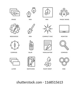 Set Of 16 simple line icons such as Rgb, Paint drop, Sketching, Layer, Compass, Image, Resources, Compact disc, editable stroke icon pack, pixel perfect