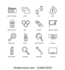Set Of 16 simple line icons such as Monitor, Dropper, Compass, Paint spray, Canvas, Photo camera, bucket, Zoom out, Cutter, editable stroke icon pack, pixel perfect