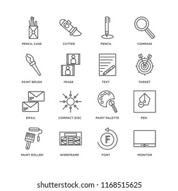 Set Of 16 simple line icons such as Monitor, Font, Wireframe, Paint roller, Pen, Pencil case, brush, Email, Text, editable stroke icon pack, pixel perfect