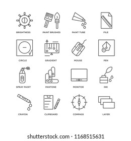 Set Of 16 simple line icons such as Layer, Compass, Clipboard, Crayon, Ink, Brightness, Circle, Spray paint, Mouse, editable stroke icon pack, pixel perfect