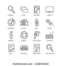 Set Of 16 simple line icons such as Paint palette, Highlighter, Wireframe, Text, Keyboard, Compass, Resources, Airbrush, Blur, editable stroke icon pack, pixel perfect