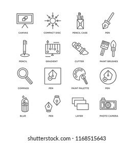 Set Of 16 simple line icons such as Photo camera, Layer, Pen, Blur, Canvas, Pencil, Compass, Cutter, editable stroke icon pack, pixel perfect