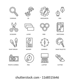 Set Of 16 simple line icons such as Cutter, Laptop, Pen, Photo camera, Paint palette, Compass, Scissors, brush, Rgb, editable stroke icon pack, pixel perfect