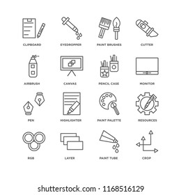 Set Of 16 simple line icons such as Crop, Paint tube, Layer, Rgb, Resources, Clipboard, Airbrush, Pen, Pencil case, editable stroke icon pack, pixel perfect