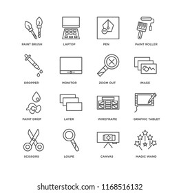 Set Of 16 simple line icons such as Magic wand, Canvas, Loupe, Scissors, Graphic tablet, Paint brush, Dropper, drop, Zoom out, editable stroke icon pack, pixel perfect