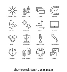 Set Of 16 simple line icons such as Email, Website, Paint bucket, Compass, Eyedropper, Compact disc, Splash, Rgb, Crop, editable stroke icon pack, pixel perfect