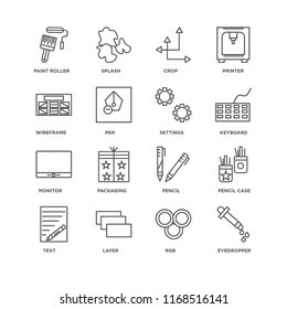Set Of 16 simple line icons such as Eyedropper, Rgb, Layer, Text, Pencil case, Paint roller, Wireframe, Monitor, Settings, editable stroke icon pack, pixel perfect