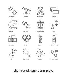 Set Of 16 simple line icons such as Paint brush, Splash, Compass, 3d, tube, Settings, Magnet, Gallery, Packaging, editable stroke icon pack, pixel perfect