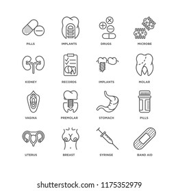 Set Of 16 simple line icons such as Band aid, Syringe, Breast, Uterus, Pills, Kidney, Vagina, Implants, editable stroke icon pack, pixel perfect