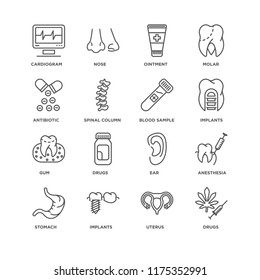 Set Of 16 simple line icons such as Drugs, Uterus, Implants, Stomach, Anesthesia, Cardiogram, Antibiotic, Gum, Blood sample, editable stroke icon pack, pixel perfect